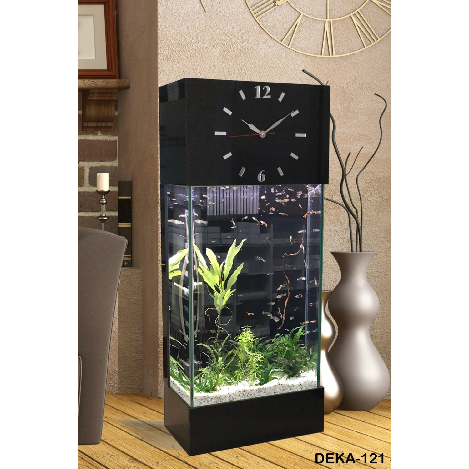Led ışıklı Saat Kule Akvaryum Deka-121 Siyah