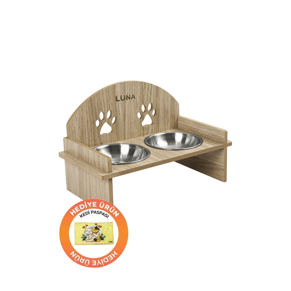 Ahşap Özel Isim Baskılı, Oval Kedi Köpek Mama Su Kabı Standı, Metal Suluk, Kedi Köpek Halısı