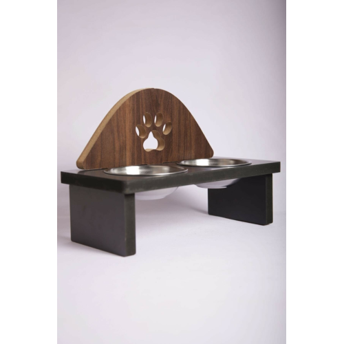 Mama Kabı Pati Desenli Ahşap Çelik Kaseli Kedi Köpek Mama Ve Su Kabı