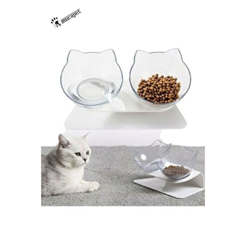 Şeffaf Kedi Kafalı Ikili Mama Kabı