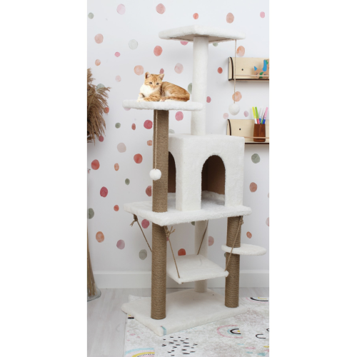 Salıncaklı Lüx Kedi Tırmalama Kedi Oyun Evi-beyaz