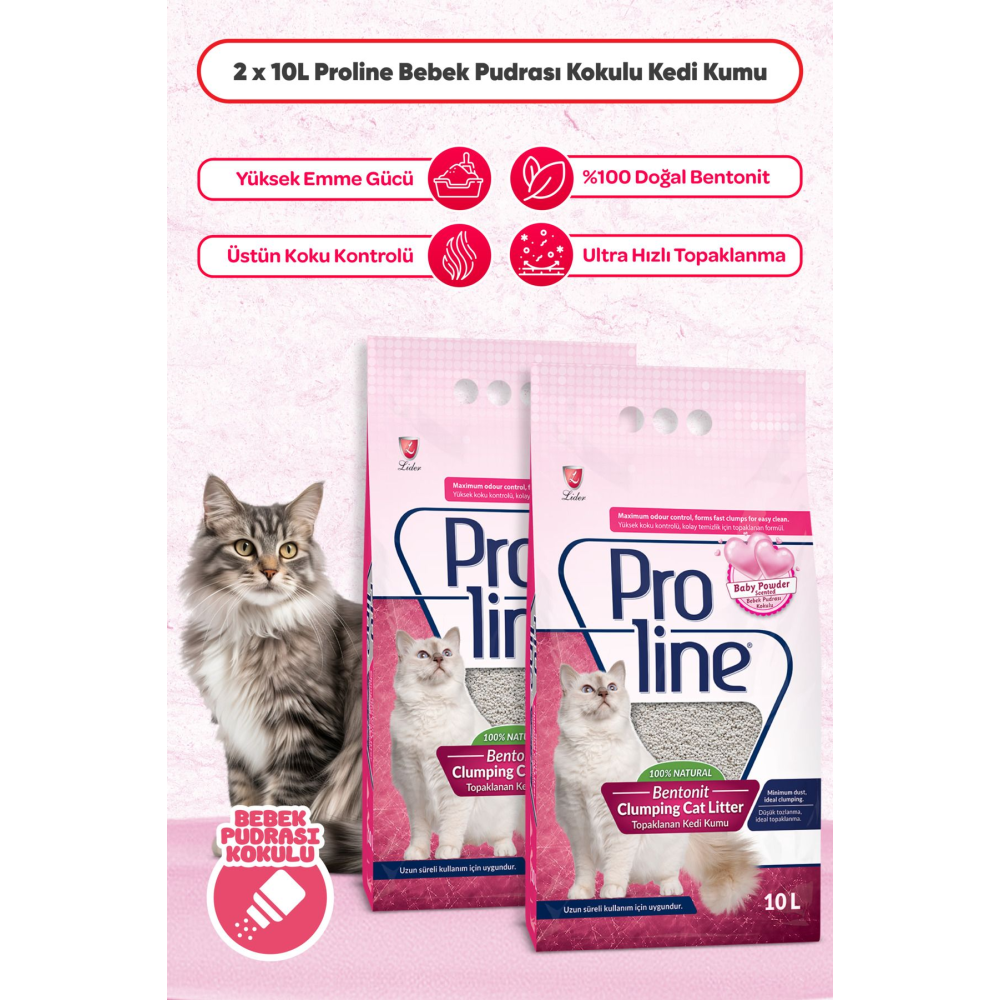 Proline Bebek Pudrası Kokulu Ince Tane Topaklanan Kedi Kumu 10 Lt X 2 Adet