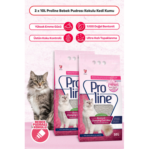 Proline Bebek Pudrası Kokulu Ince Tane Topaklanan Kedi Kumu 10 Lt X 2 Adet