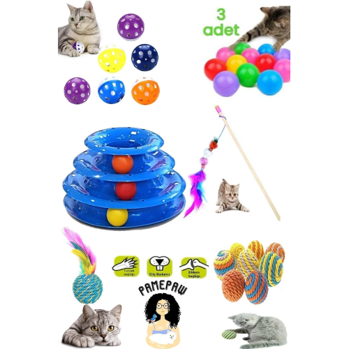 8'li Set: Sarma Topu+3'lü Renkli Top+oyun Topu Tüylü + Kedi Oltası+3 Katlı Oyuncak +çıngıraklı Top