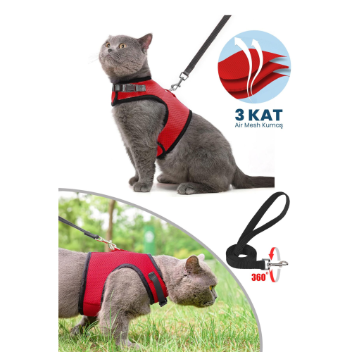 3 Kat File Yeni Nesil Nefes Alabilen Kedi Göğüs Tasma 2'li Set Kırmızı