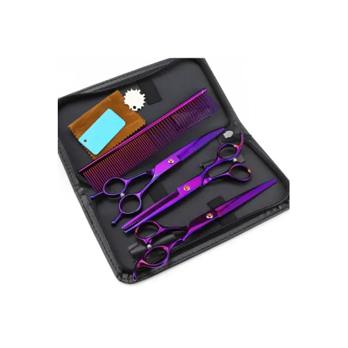 7 Parça 7.0 Inch 18 Cm Deri Çantalı Mor Pet shop Evcil Hayvan Kedi Köpek Traş Kuaför Makas Seti