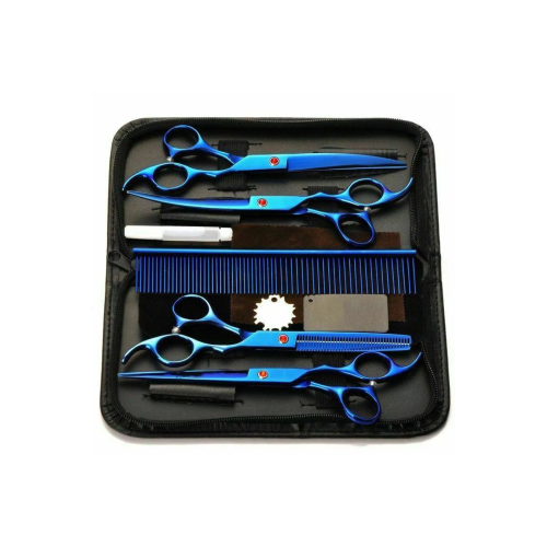 8 Parça 7.0 Inch 18 Cm Deri Çantalı Mavi Pet shop Evcil Hayvan Kedi Köpek Traş Kuaför Makas Seti