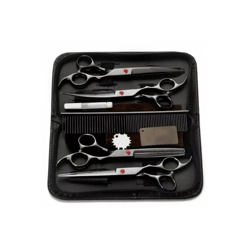 8 Parça 7.0 Inch 18 Cm Deri Çantalı Siyah Pet shop Evcil Hayvan Kedi Köpek Traş Kuaför Makas Seti