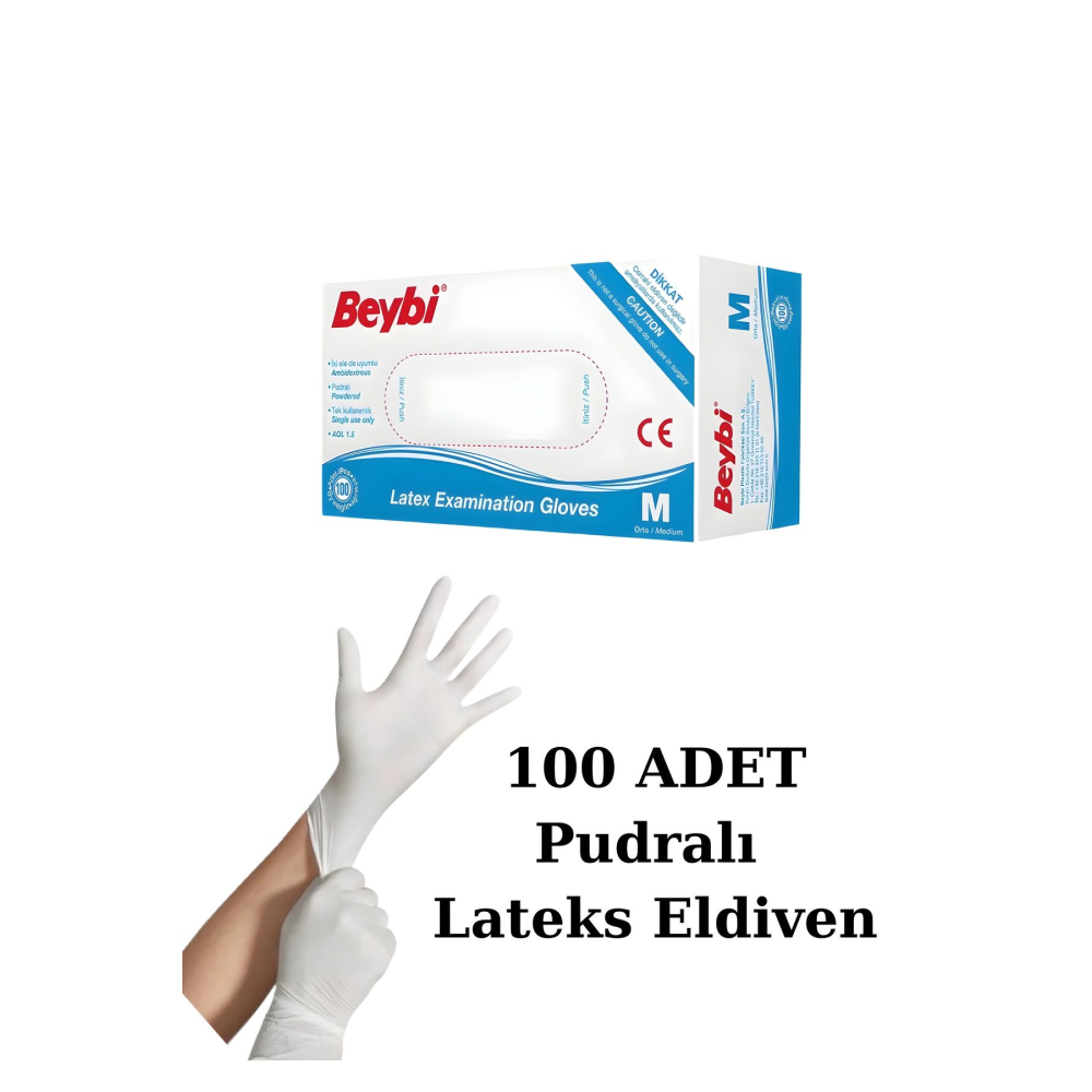 Beybi Lateks Pudralı (M) Medium Beden Muayene Eldiven -100 lü Paket