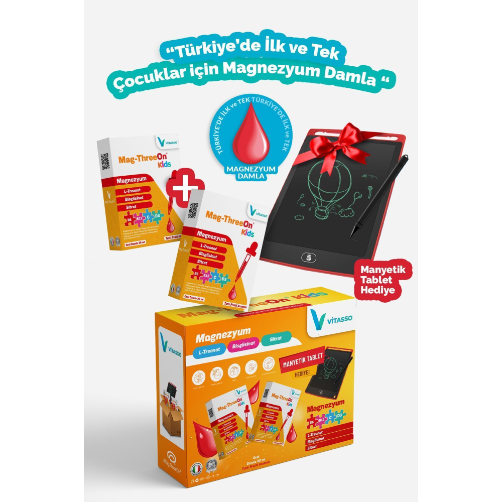 Çocuklar Için Magnezyum Magthreeon Kids Damla Ve Vitamin Hediye Manyetik Tablet 2'li Paket
