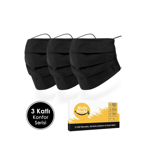 Konfor Modeli 3 Katlı Burun Telli %100 Pamuklu Kumaş Siyah Renkli Yıkanabilir Bez Maske 3'lü Paket