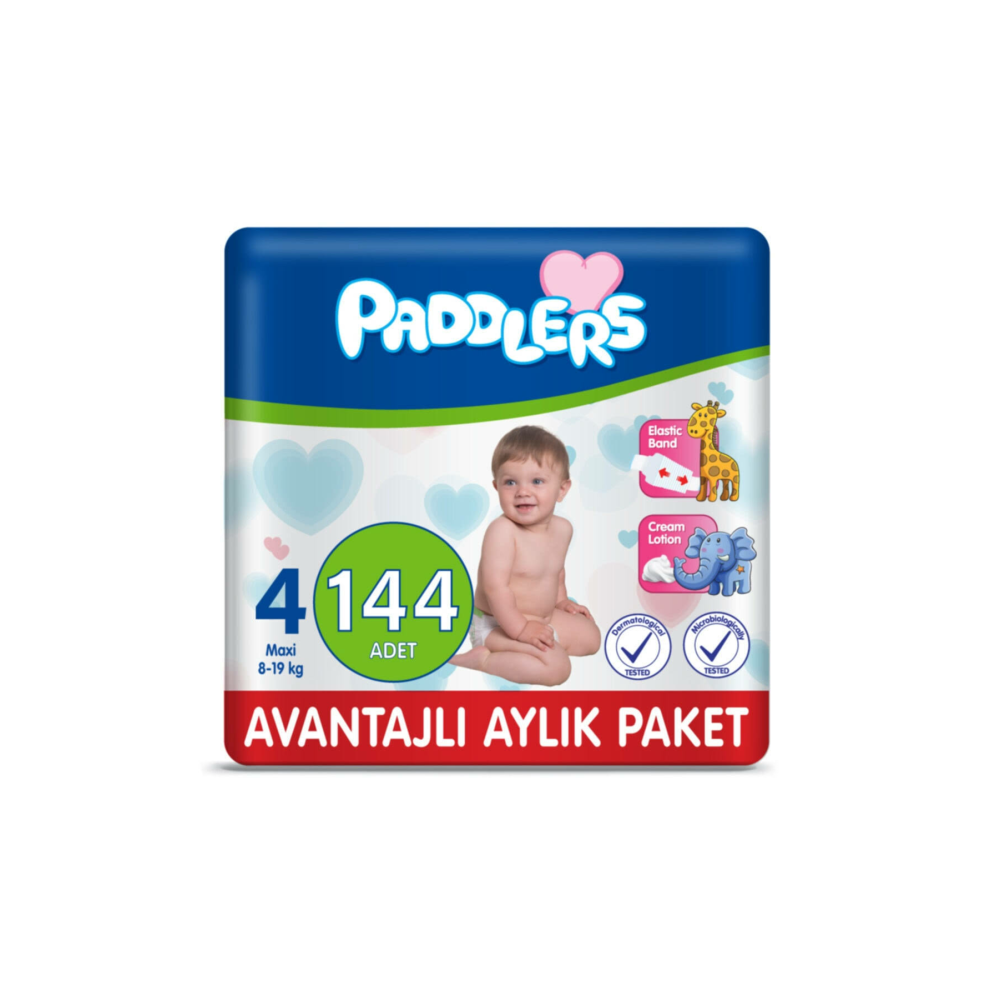 Paddlers Bebek Bezi 4 Numara Maxi 144 Adet (8-19 Kg) Aylık Paket