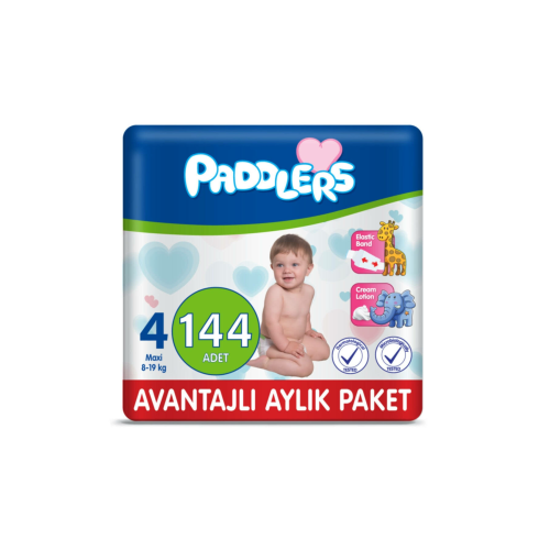 Paddlers Bebek Bezi 4 Numara Maxi 144 Adet (8-19 Kg) Aylık Paket