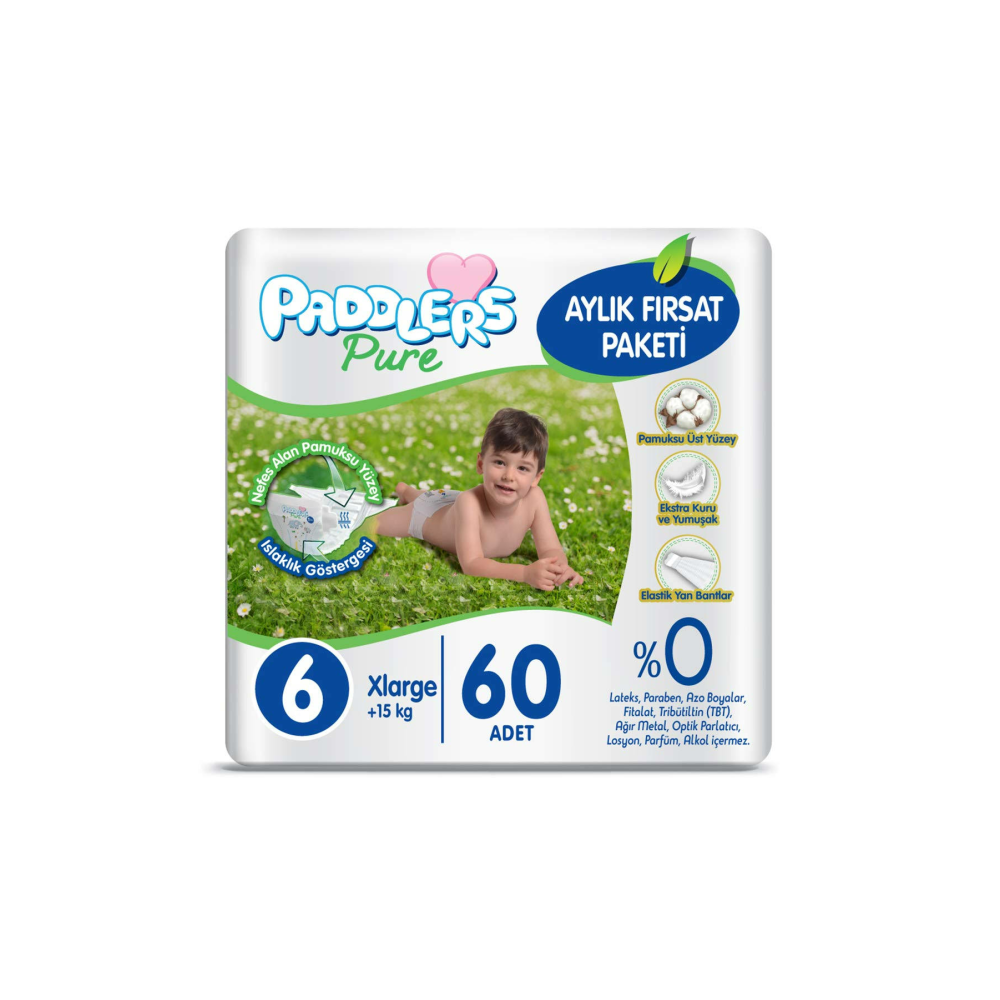 Paddlers Pure Bebek Bezi 6 Numara X-Large 60 Adet (15+ Kg) Aylık Fırsat Paketi
