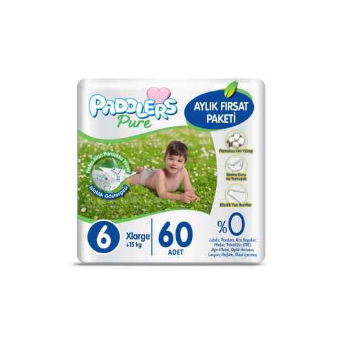 Paddlers Pure Bebek Bezi 6 Numara X-Large 60 Adet (15+ Kg) Aylık Fırsat Paketi