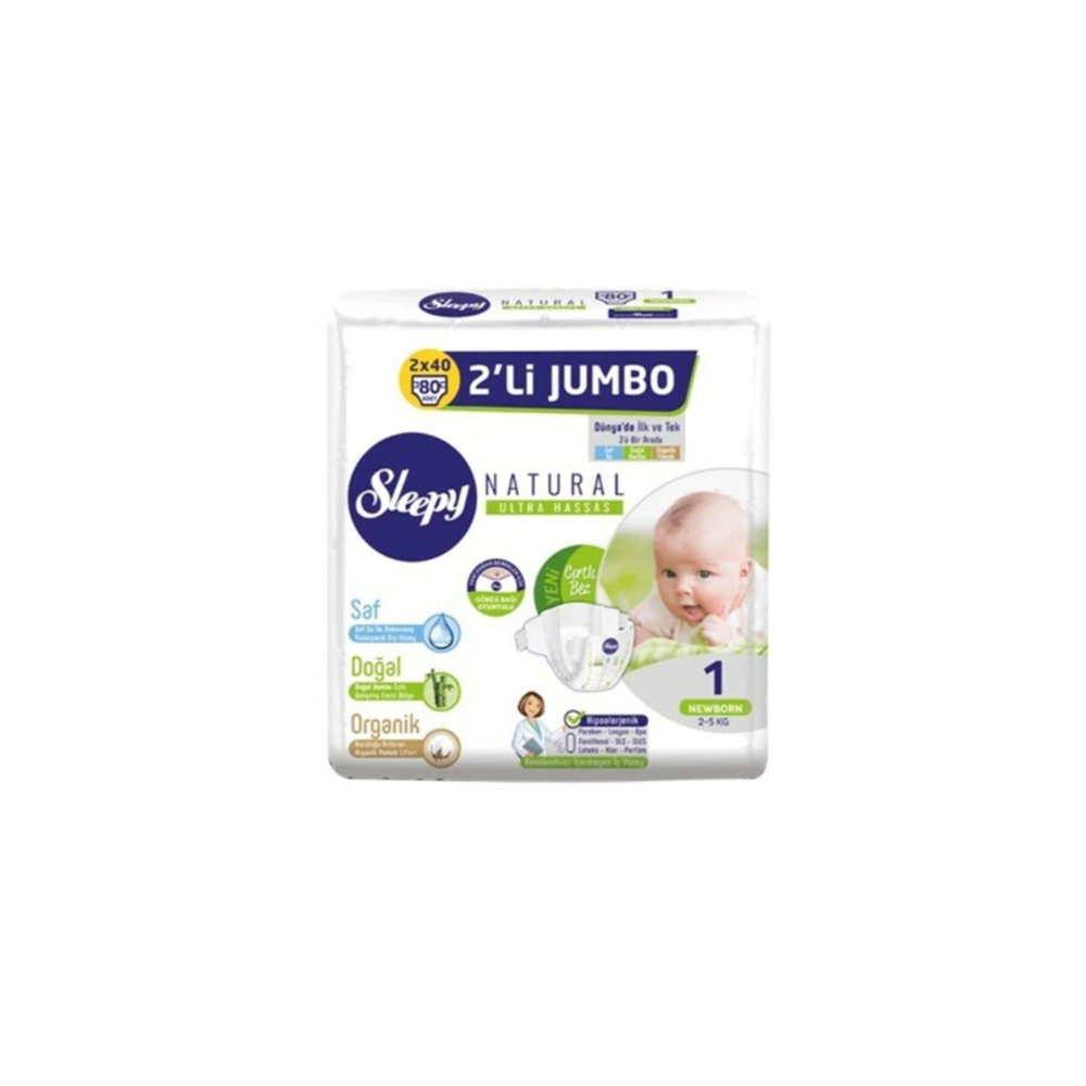 Sleepy Natural Bebek Bezi Ikili Paket Jumbo 1 Numara Yeni Doğan 40x2 (80 Adet)