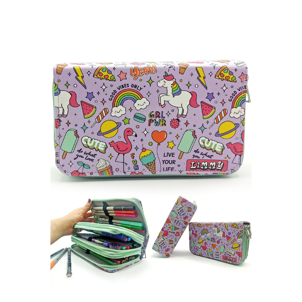Limmy Kalem Kutusu Unicorn-Flamingo Desenli Kawai Organizer Üç Bölmeli Yeşil Kalemlik