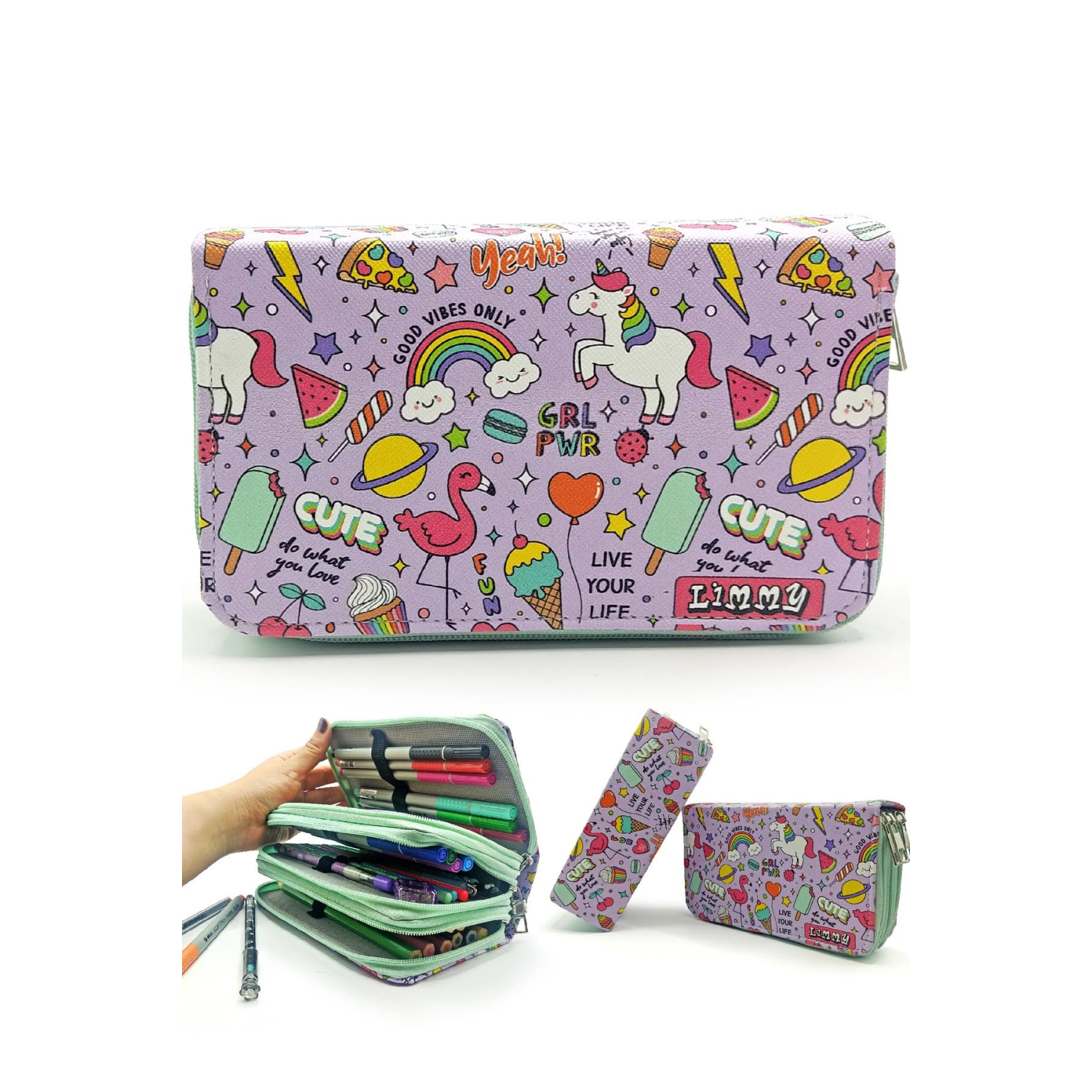 Limmy Kalem Kutusu Unicorn-Flamingo Desenli Kawai Organizer Üç Bölmeli Yeşil Kalemlik