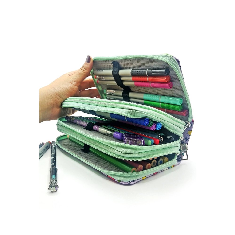 Limmy Kalem Kutusu Unicorn-Flamingo Desenli Kawai Organizer Üç Bölmeli Yeşil Kalemlik