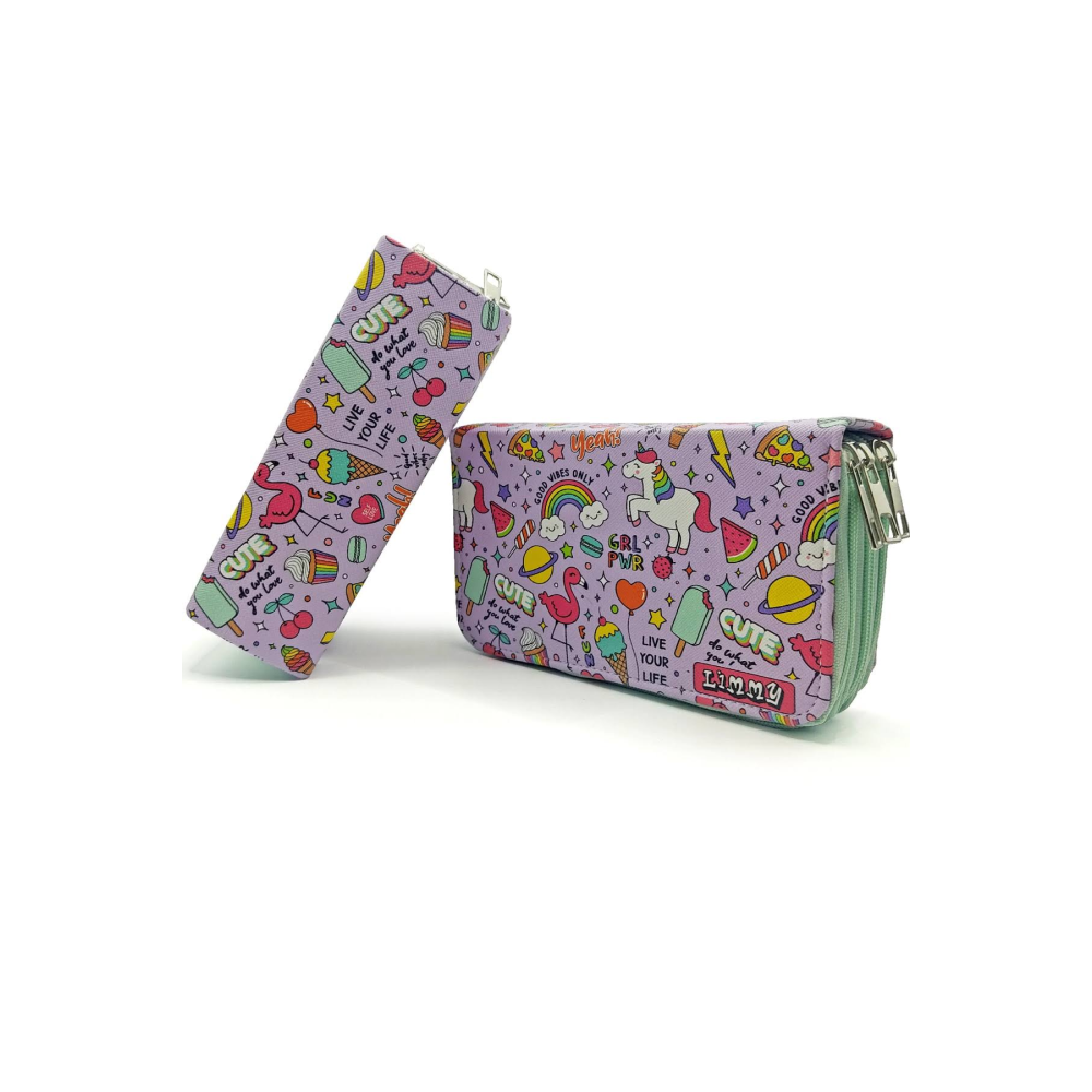 Limmy Kalem Kutusu Unicorn-Flamingo Desenli Kawai Organizer Üç Bölmeli Yeşil Kalemlik