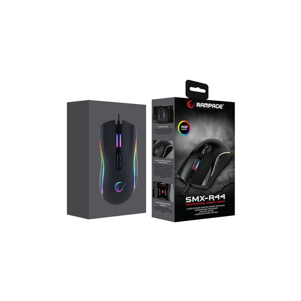 RAMPAGE SMX-R44 MAKROLU SİYAH 6400DPİ RGB LEDLİ GAMİNG OYUNCU MOUSE