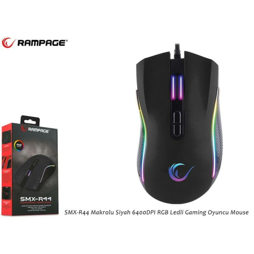 RAMPAGE SMX-R44 MAKROLU SİYAH 6400DPİ RGB LEDLİ GAMİNG OYUNCU MOUSE