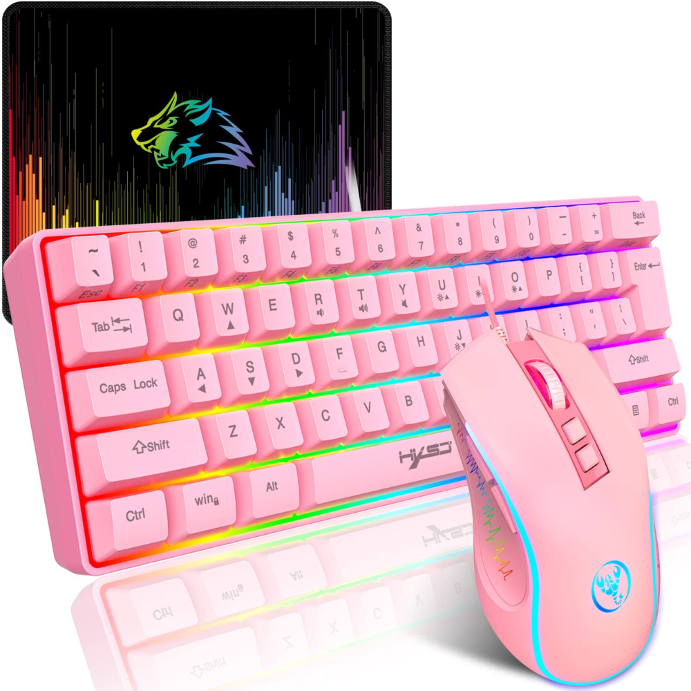 Gaming Klavye ve Mouse Combo Set,Kablolu %60 Ultra Kompakt RGB Arkadan Aydınlatmalı 61 Tuş Taşınabilir Klavye 3600DPI Ergonomik Optik Fare PC Mac