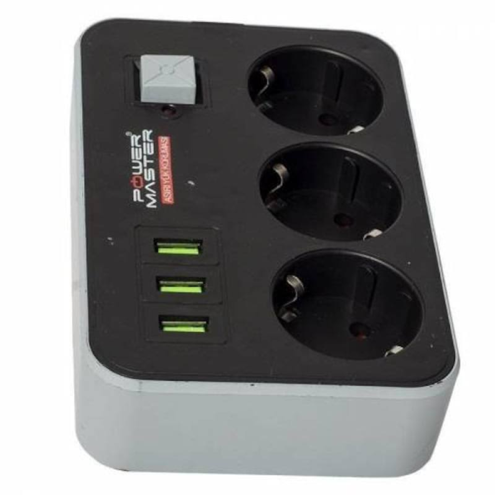 Powermaster Pm-18530 3 Usb Girişli 3'lü Siyah Akım Korumalı Priz