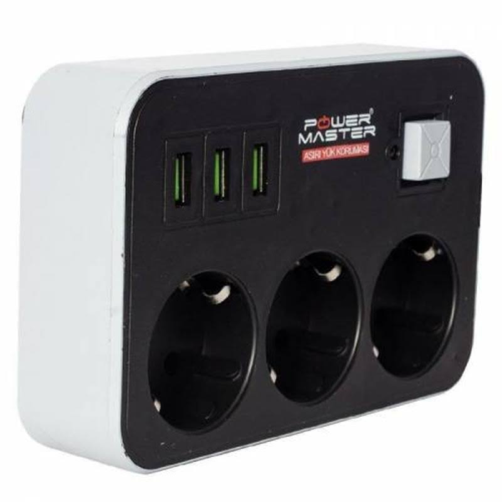 Powermaster Pm-18530 3 Usb Girişli 3'lü Siyah Akım Korumalı Priz
