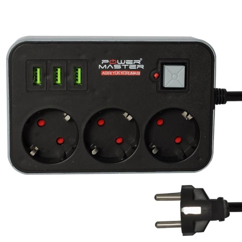 Powermaster Pm-18530 3 Usb Girişli 3'lü Siyah Akım Korumalı Priz