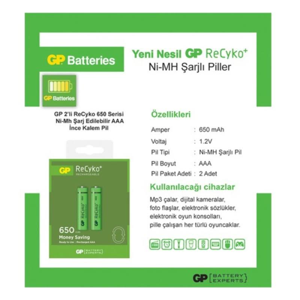 Gp Recyko 650 Aaa Şarjlı Kalem Pil