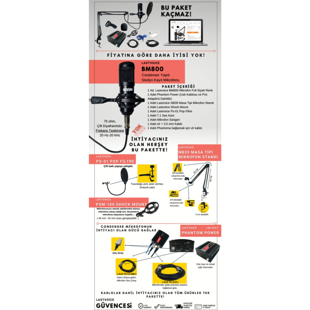 Lastvoice BM800 Youtuber Mikrofon Phantom + Stand + Filtre Set