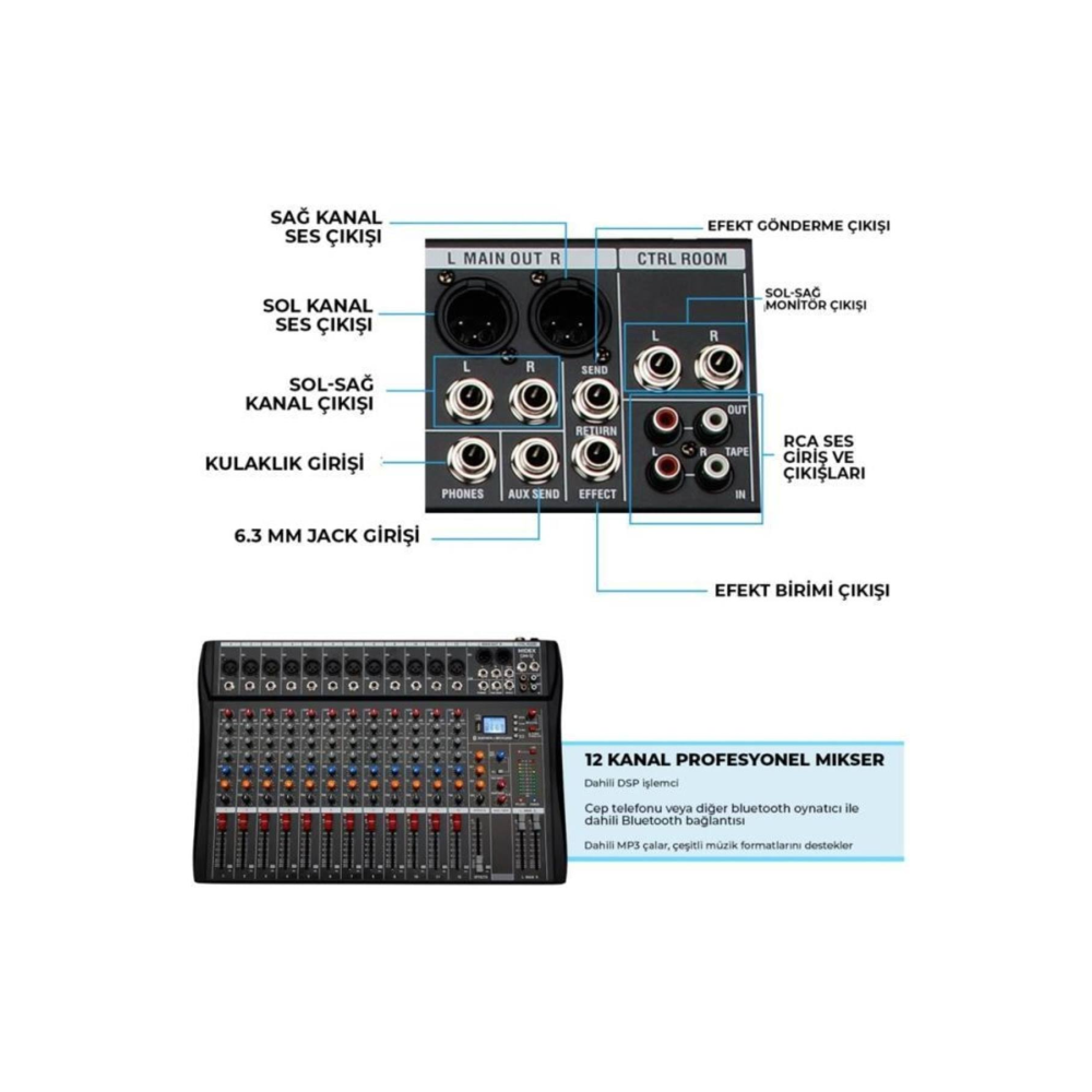 Midex Mix DM-12 Deck Mikser 12 Kanal Ses Mikseri (Bluetooth USB Efekt)
