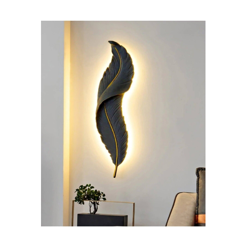CajuArt Büyük Boy Dekoratif Tüy Şekilli Pilli Işıklı Duvar Dekoru Modern Aplik