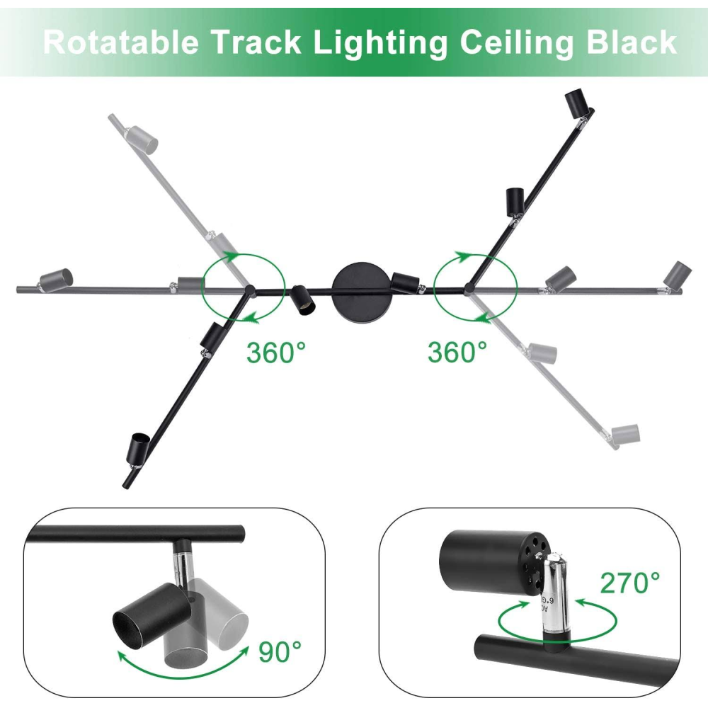 LED Tavan Lambası Döner GU10, AIBOO LED Tavan Spot Işığı 6 Ampul Siyah, Tavan Noktaları Mutfak, Yatak Odası, Oturma Odası için Siyah (Ampuller Değil)
