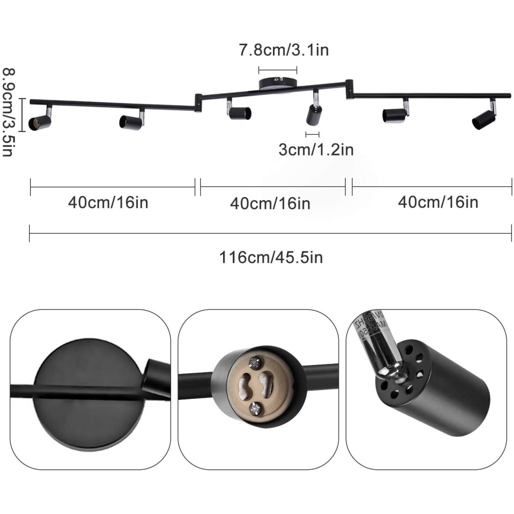 LED Tavan Lambası Döner GU10, AIBOO LED Tavan Spot Işığı 6 Ampul Siyah, Tavan Noktaları Mutfak, Yatak Odası, Oturma Odası için Siyah (Ampuller Değil)