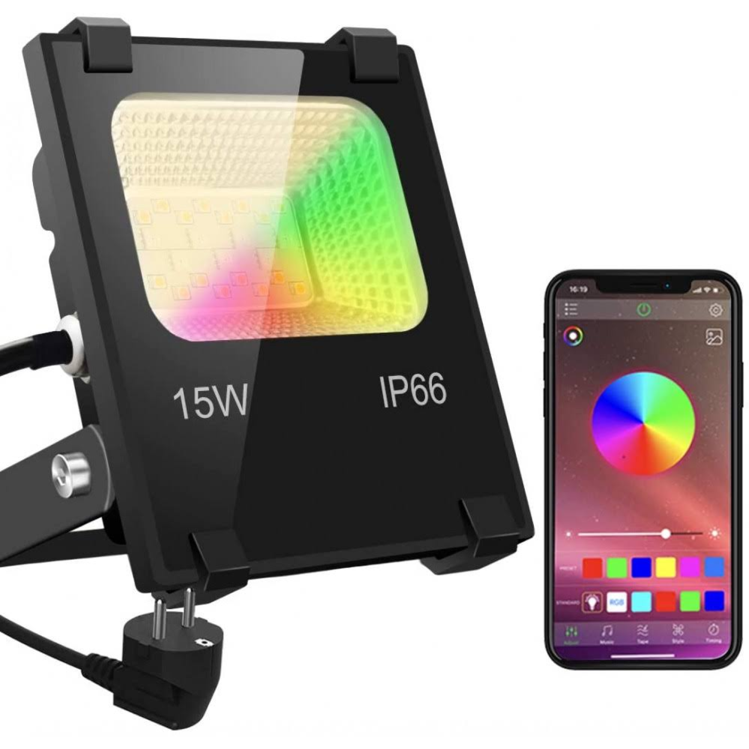RGB LED Spot Işığı 15W Projektör Dış Mekan Spot Işığı Bluetooth APP Kontrolü 16 Milyon Renk ve 20 Modu Akıllı LED Projektör, IP66 Dış Mekan Spot