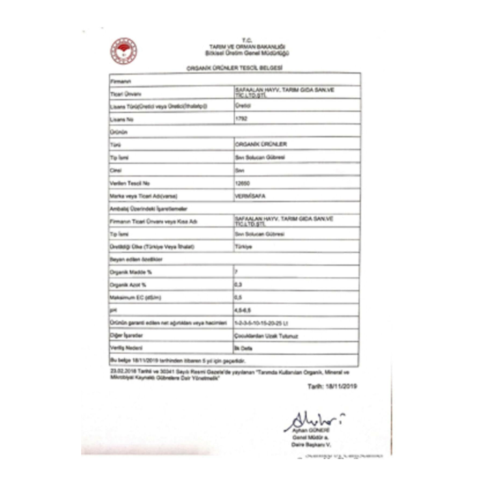 Vermisafa %100 Organik Konsantre Sıvı Solucan Gübresi 5 Lt