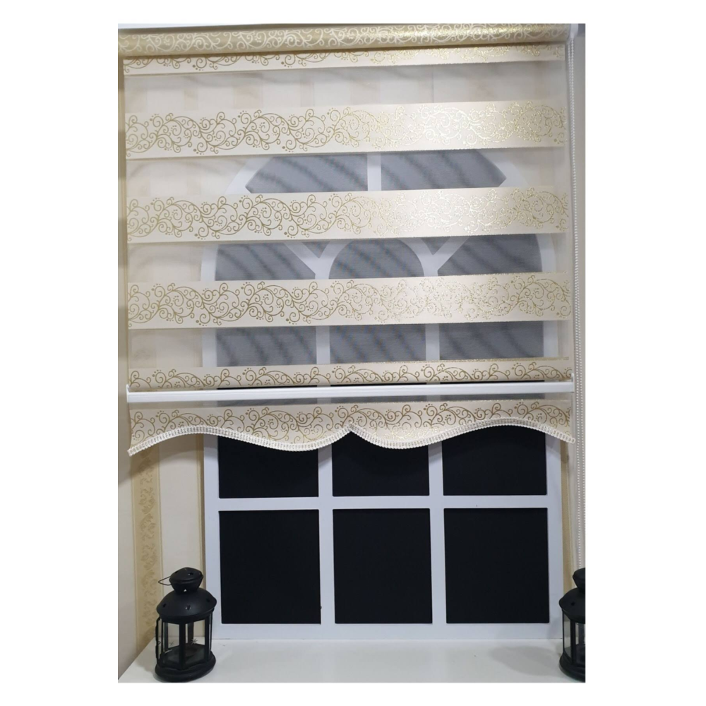 Zebra Stor Perde Sarı Sarmaşık Desen Gümüş Simli Etek Dilimli STB9300 V 02