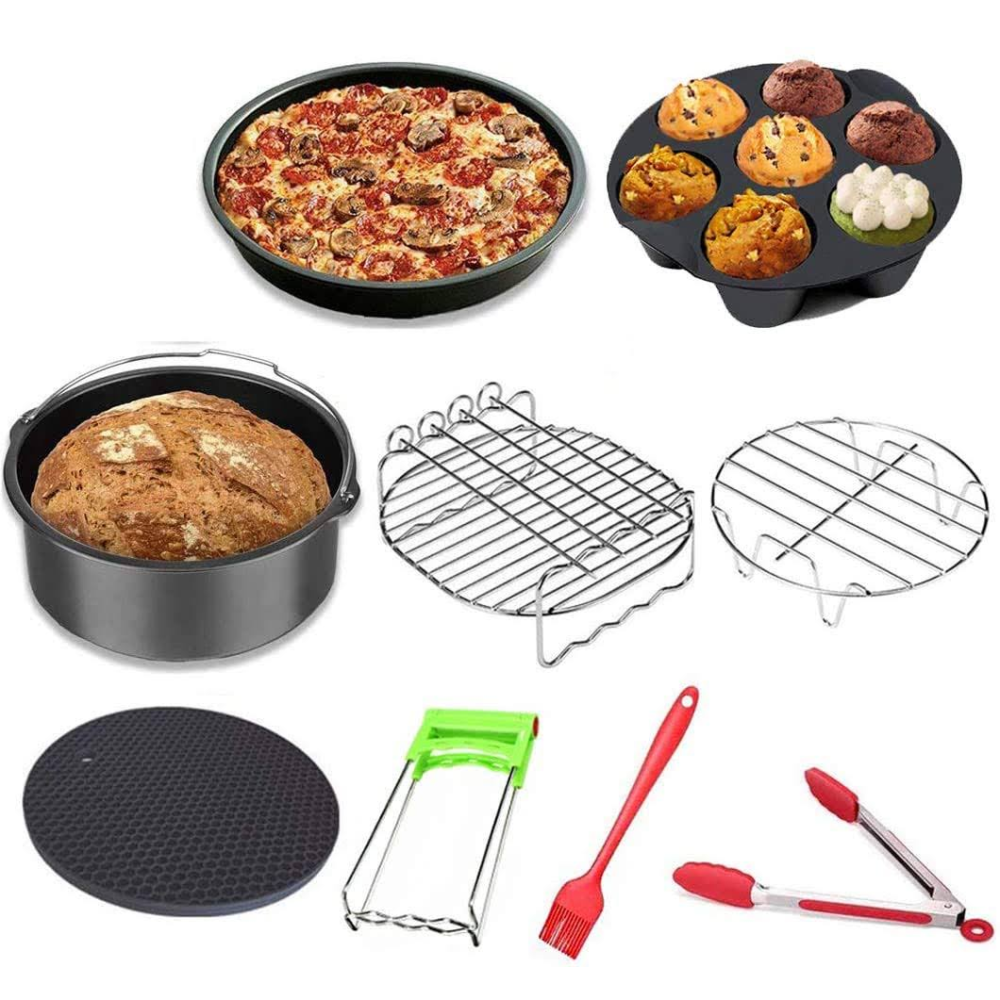 Sıcak hava fritözü aksesuarı, 9 adet Air Fryer aksesuar seti, yapışmaz kaplamalı, pişirme kalıbı, pizza tepsisi, ızgara, buhar rafı, silikon mat,