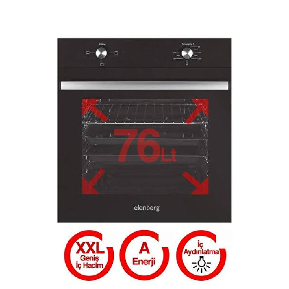 Elenberg ELB-604 76 LT XXL 3 Program Ankastre Statik Fırın Siyah