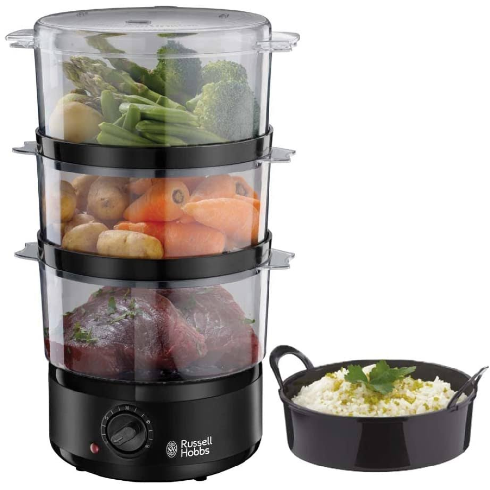Russell Hobbs Buharlı pişirici, 7,0 l (60 dakika zamanlayıcı + otomatik kapanma), 3 bulaşık makinesinde yıkanabilir buharlı pişirme kabı + pirinç