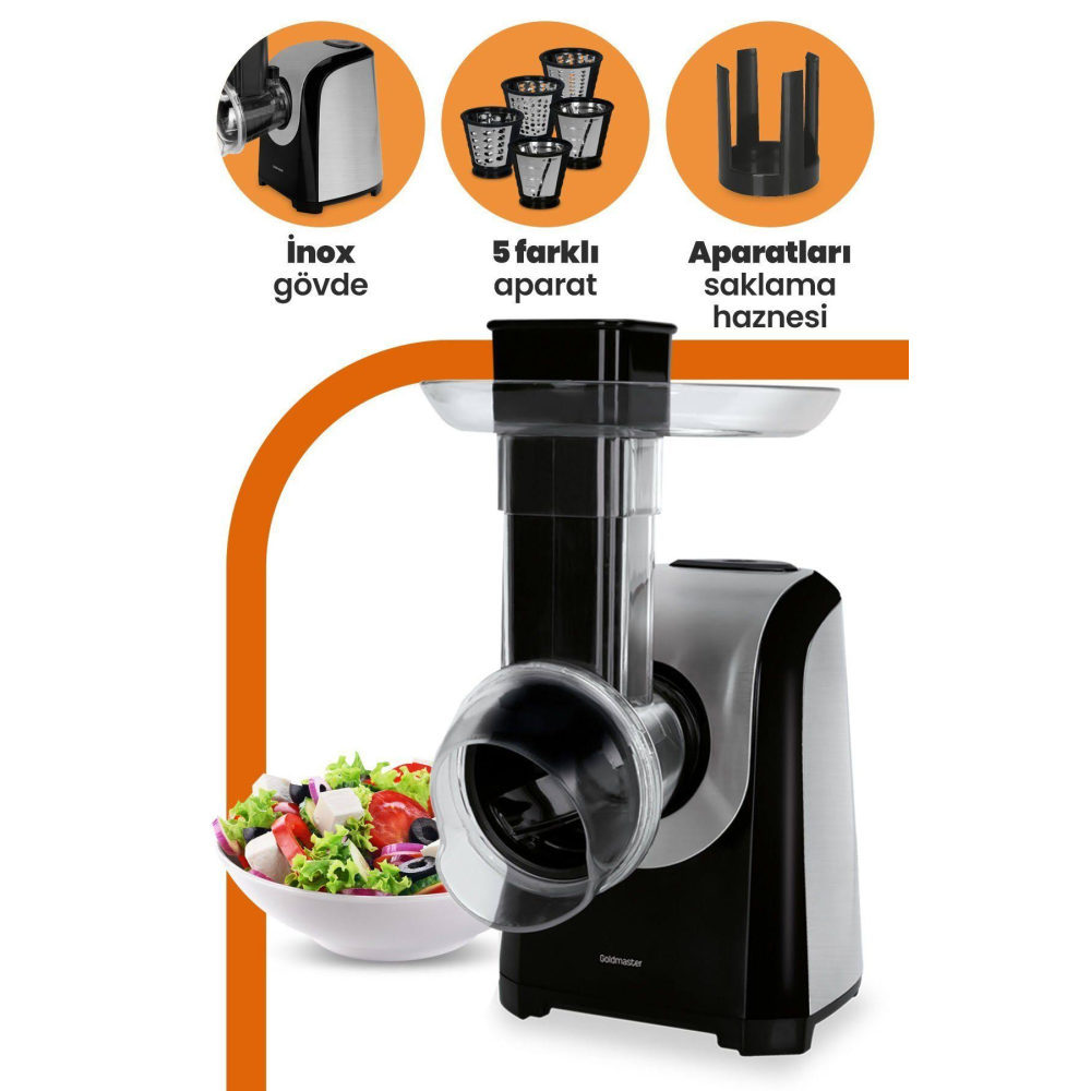 GOLDMASTER Rendy 5in1 Paslanmaz Çelik Sıçratma Önleyicili Elektrikli Rende Dilimleme Ve Doğrayıcı