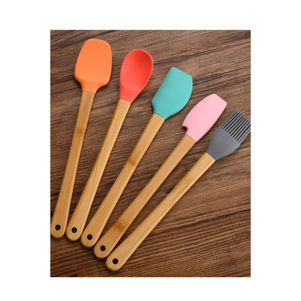 Gomax 5'li Renkli Bambu Saplı Silikon Uçlu Spatula Fırçalı Kaşık Seti