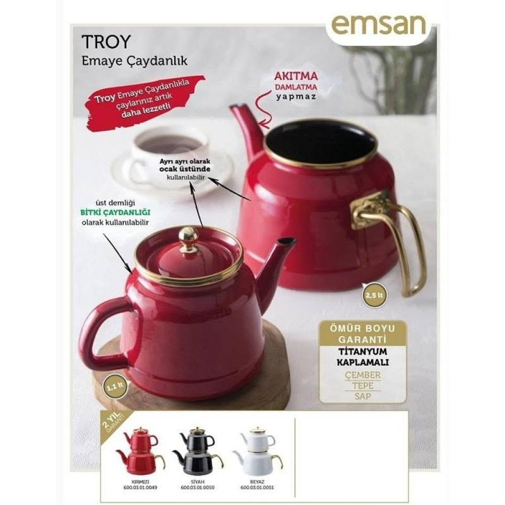 Emsan Beyaz Troy Emaye Çaydanlık Takımı