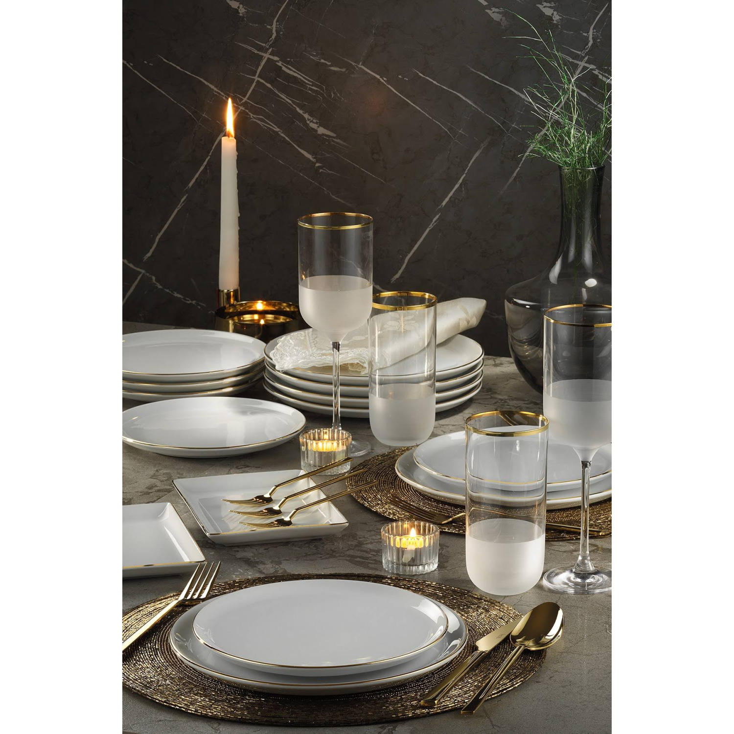 Porland Modern Altın Fileli 18 Parça Yemek ve Sunum Takımı