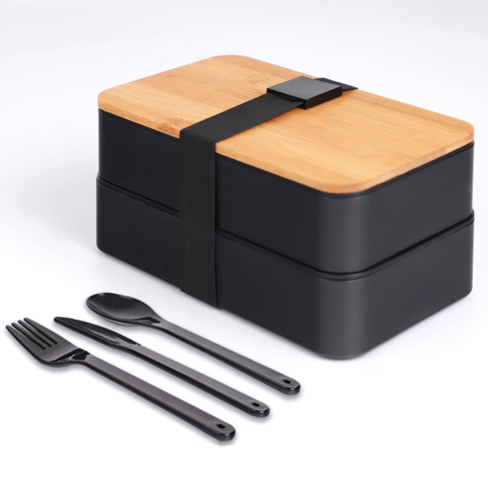 Bento Box Japon - Bölmeli Beslenme Kutusu - 3 Parçalı Çatal Bıçak - Bambu Kapaklı Yemek Kutusu Okul ve İş için Çocuklar ve Yetişkinler için