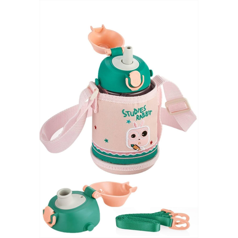 Uzspace Çocuk Kılıflı 2 Ayrı Kapaklı Pipetli Tritan Su Matarası 480ml