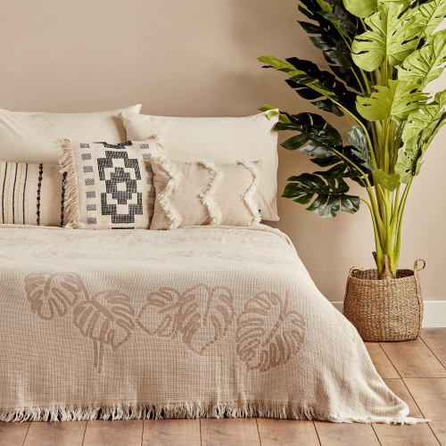 Bella Maison Leaf Pamuklu Çift Kişilik Yatak Örtüsü Ekru (200X220 CM)