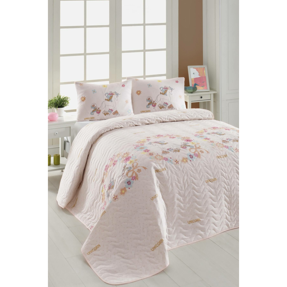 Eponj Home Kapitone Yatak Örtüsü Seti Çift Kişilik Unicornlar Pembe